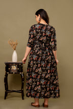 Majestic divas Cotton Black Multicolor Floral Printed Maternity Feeding Kurta Dress with Dual Side Zippers