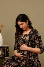 Majestic divas Cotton Black Multicolor Floral Printed Maternity Feeding Kurta Dress with Dual Side Zippers