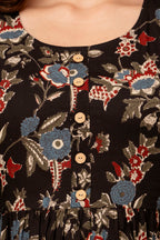 Majestic divas Cotton Black Multicolor Floral Printed Maternity Feeding Kurta Dress with Dual Side Zippers