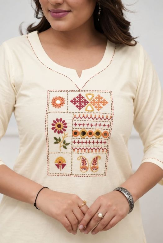 Ivory Cotton Kurta Pant Dupatta Set with Front Embroidery & Handwork