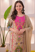 Beige Multicolor Muslin Cotton Noori Anarkali Dupatta Set