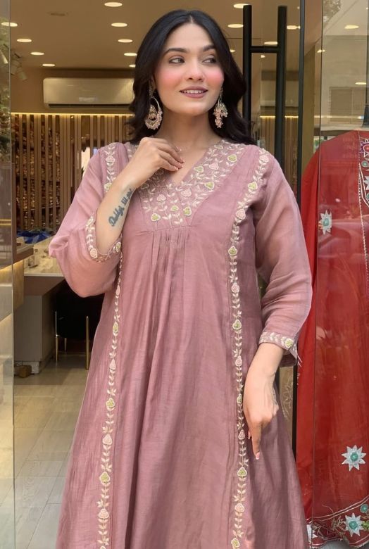 Dusty Mauve Premium Mul Chanderi Anarkali Dupatta Set with Full Embroidery Work