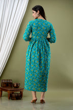 Majestic divas Cotton Teal Floral Printed Maternity Feeding Kurta Dress with Dual Zippers