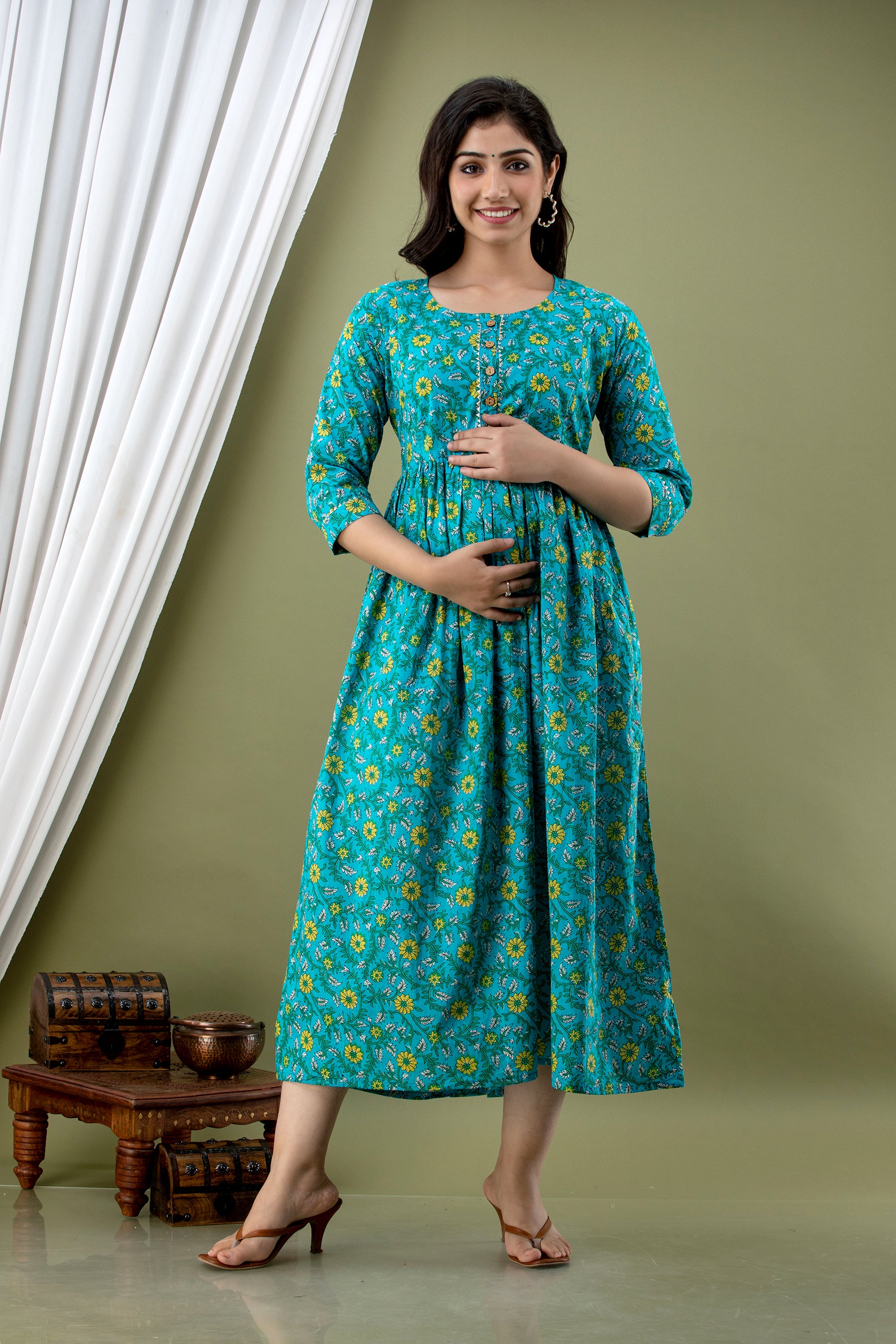 Majestic divas Cotton Teal Floral Printed Maternity Feeding Kurta Dress with Dual Zippers Secondary image