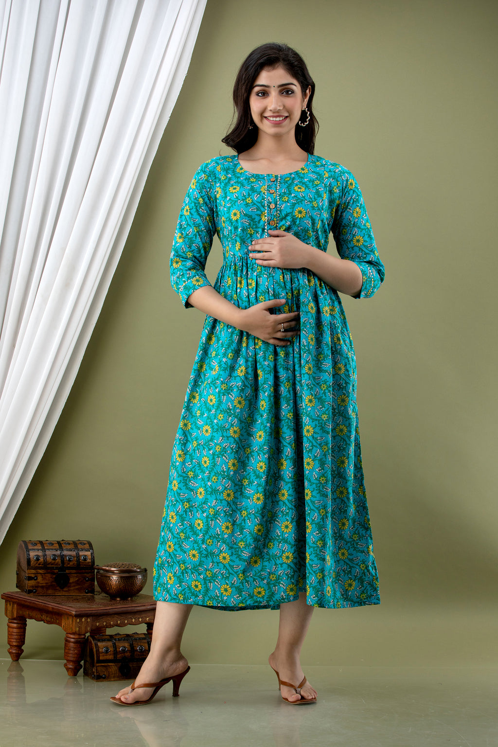 Majestic divas Cotton Teal Floral Printed Maternity Feeding Kurta Dress with Dual Zippers