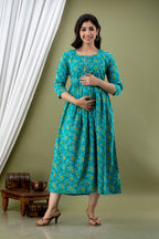 Majestic divas Cotton Teal Floral Printed Maternity Feeding Kurta Dress with Dual Zippers