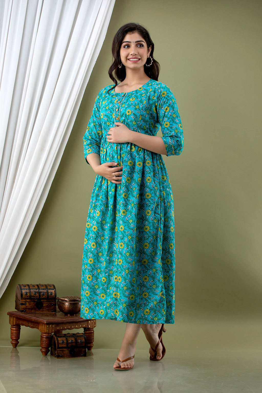 Majestic divas Cotton Teal Floral Printed Maternity Feeding Kurta Dress with Dual Zippers