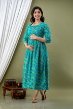 Majestic divas Cotton Teal Floral Printed Maternity Feeding Kurta Dress with Dual Zippers