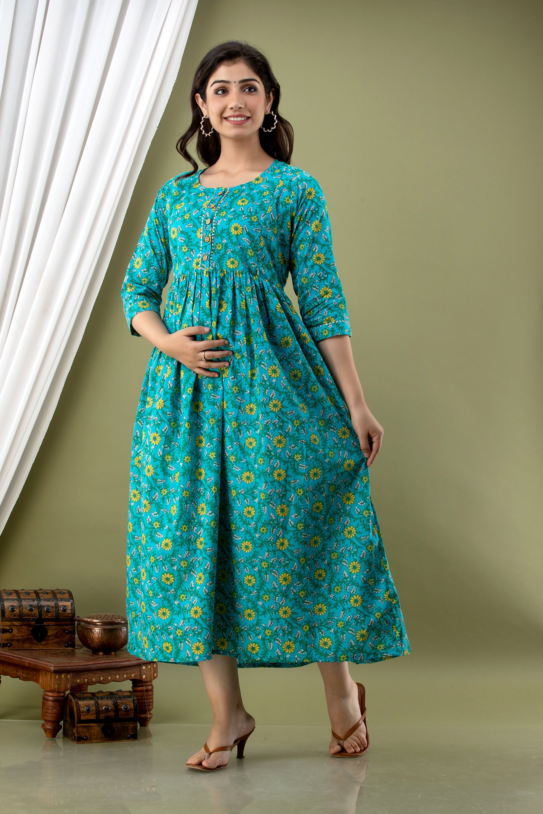 Majestic divas Cotton Teal Floral Printed Maternity Feeding Kurta Dress with Dual Zippers