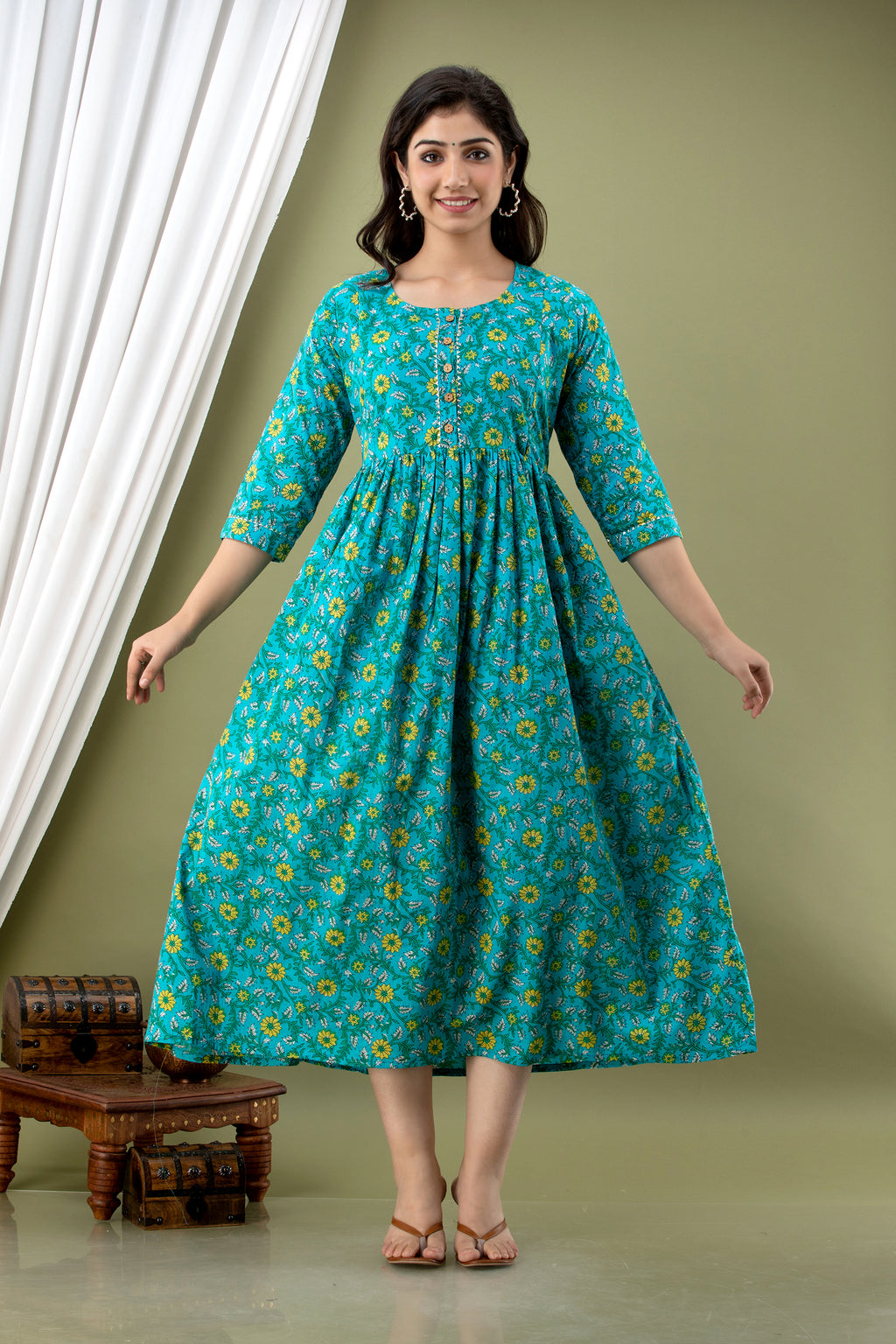 Majestic divas Cotton Teal Floral Printed Maternity Feeding Kurta Dress with Dual Zippers
