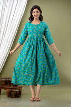 Majestic divas Cotton Teal Floral Printed Maternity Feeding Kurta Dress with Dual Zippers