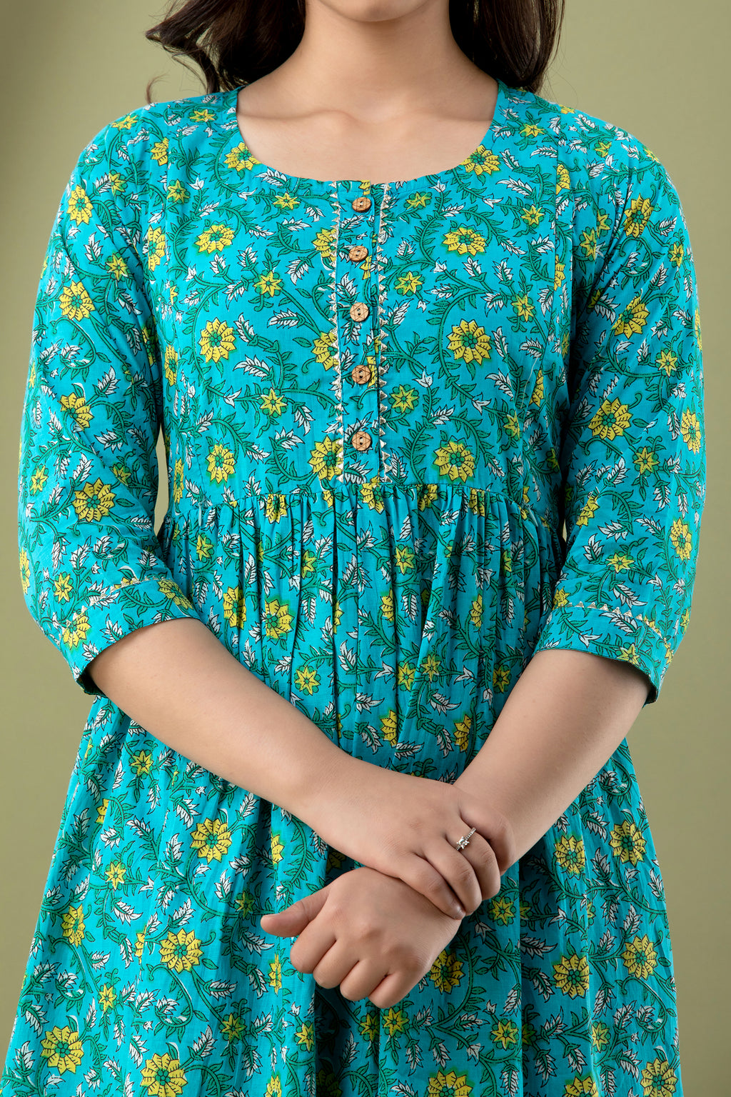 Majestic divas Cotton Teal Floral Printed Maternity Feeding Kurta Dress with Dual Zippers