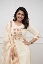 Ivory Cotton Kurta Pant Dupatta Set with Front Embroidery & Handwork