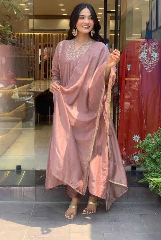 Dusty Mauve Premium Mul Chanderi Anarkali Dupatta Set with Full Embroidery Work