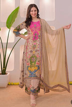 Beige Multicolor Muslin Cotton Noori Anarkali Dupatta Set