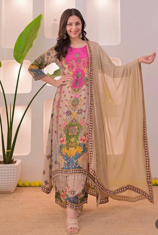 Beige Multicolor Muslin Cotton Noori Anarkali Dupatta Set