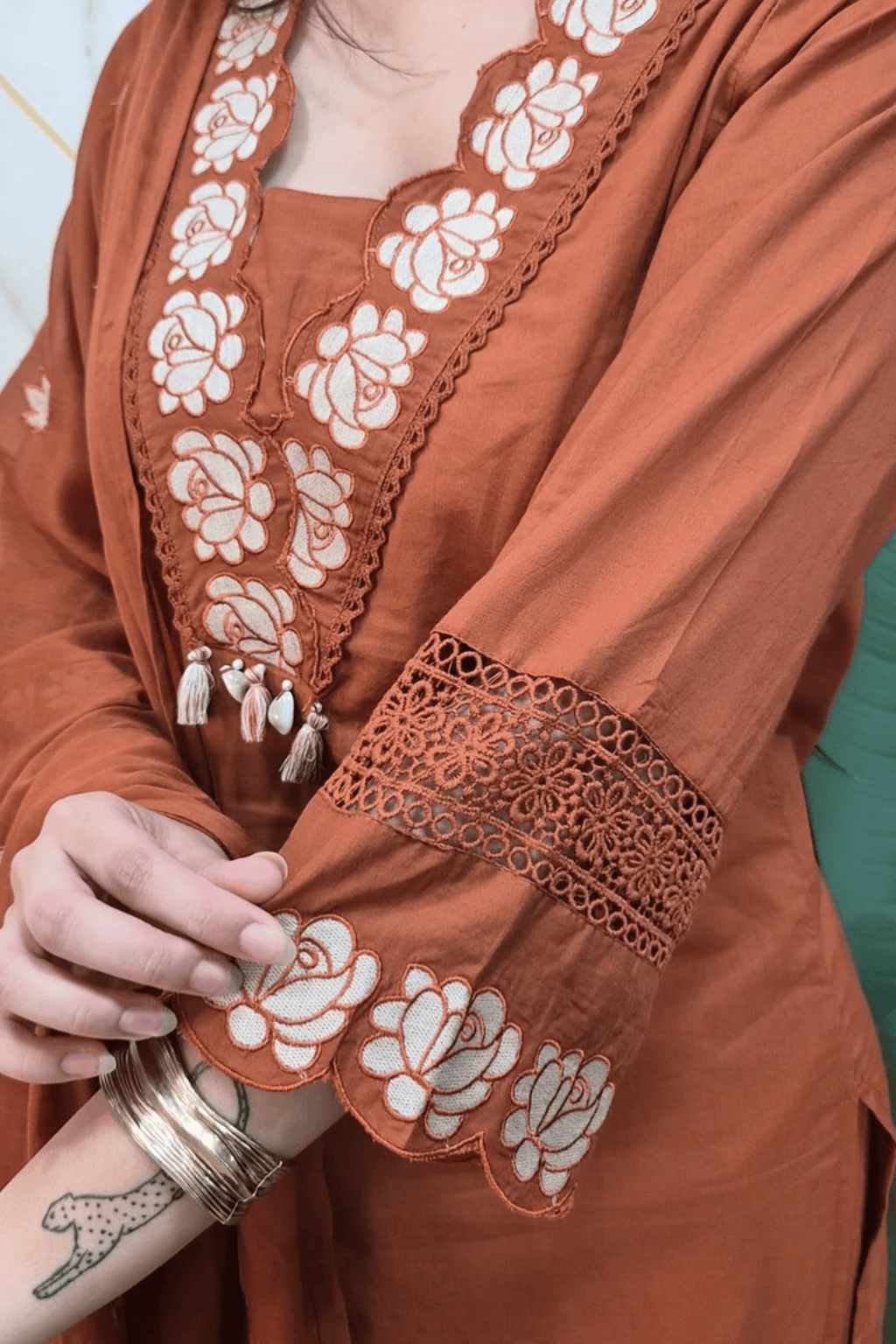 Majestic Diva Rust Brown Floral Embroidered Kurta Set with Dupatta