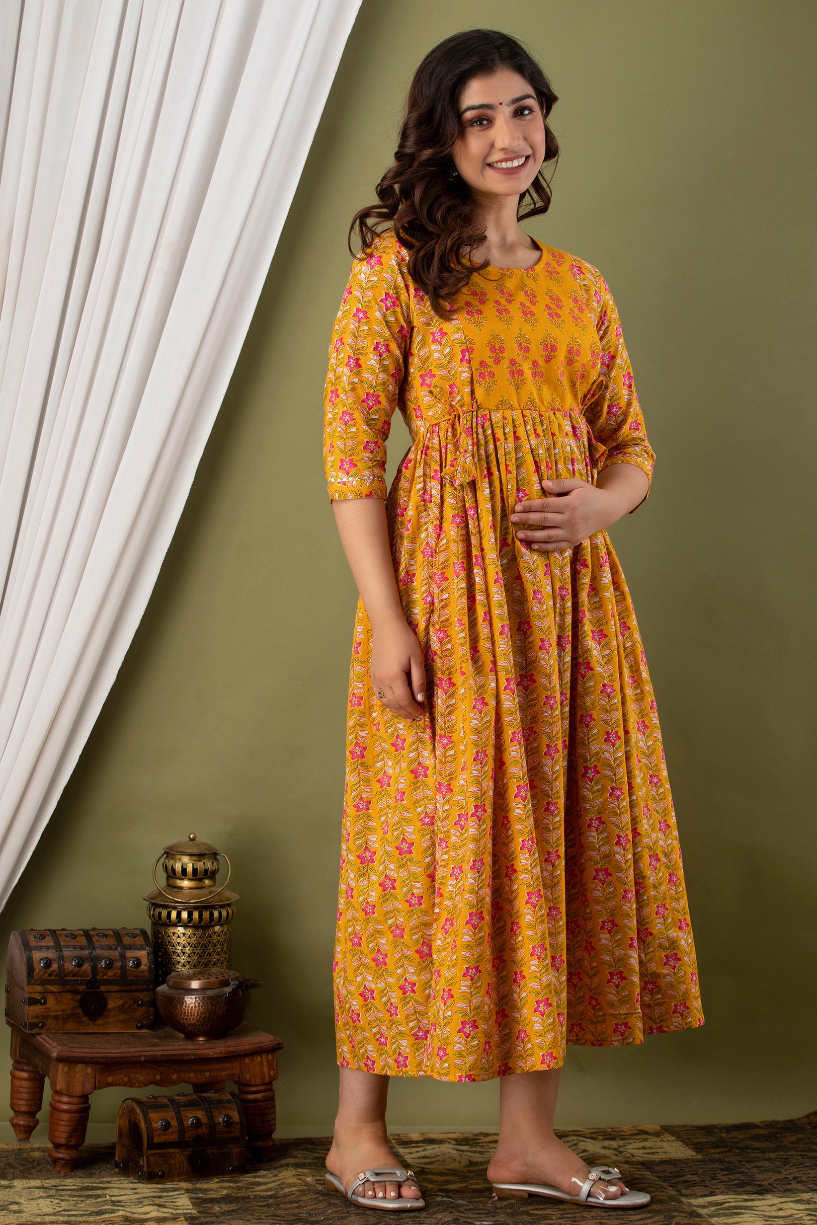 Majestic divas Cotton Mustard Yellow Floral Maternity Feeding Kurta Dress with Dual Side Zippers Main image