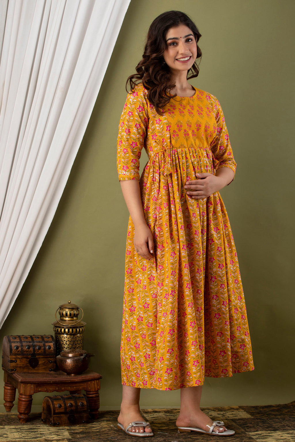 Majestic divas Cotton Mustard Yellow Floral Maternity Feeding Kurta Dress with Dual Side Zippers