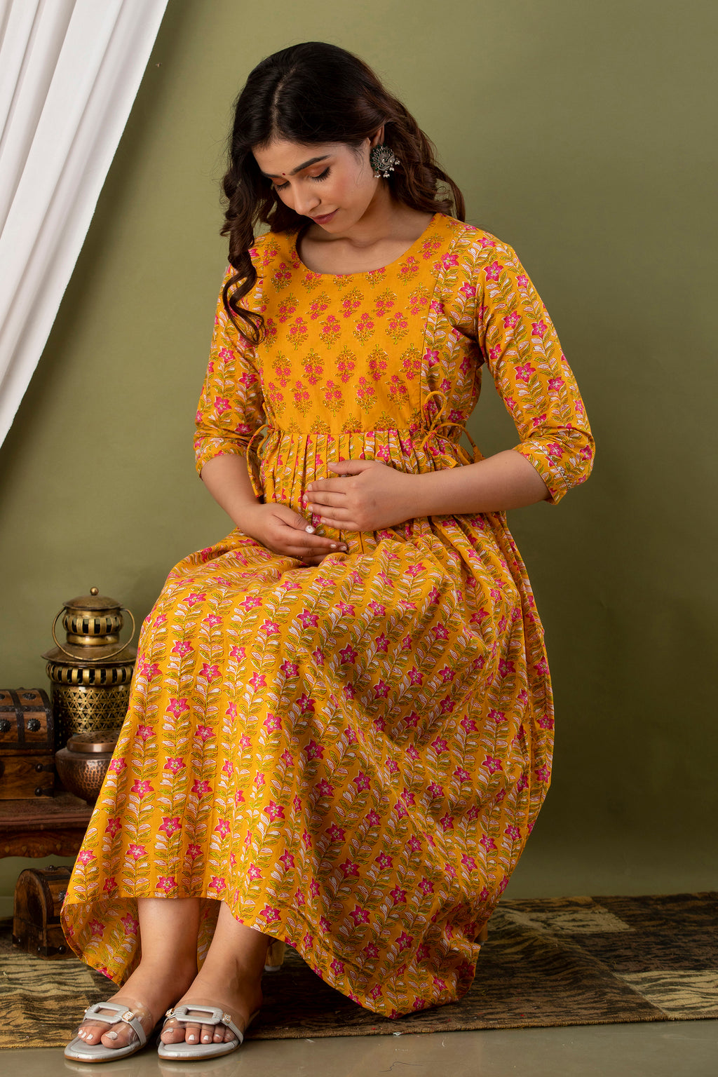 Majestic divas Cotton Mustard Yellow Floral Maternity Feeding Kurta Dress with Dual Side Zippers