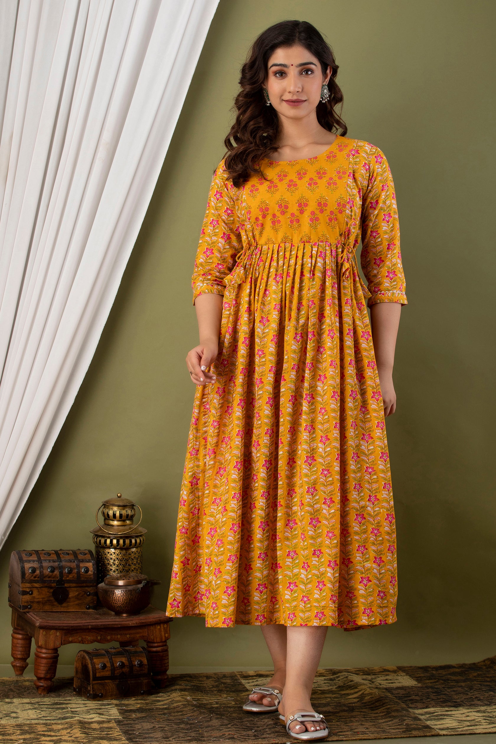 Majestic divas Cotton Mustard Yellow Floral Maternity Feeding Kurta Dress with Dual Side Zippers