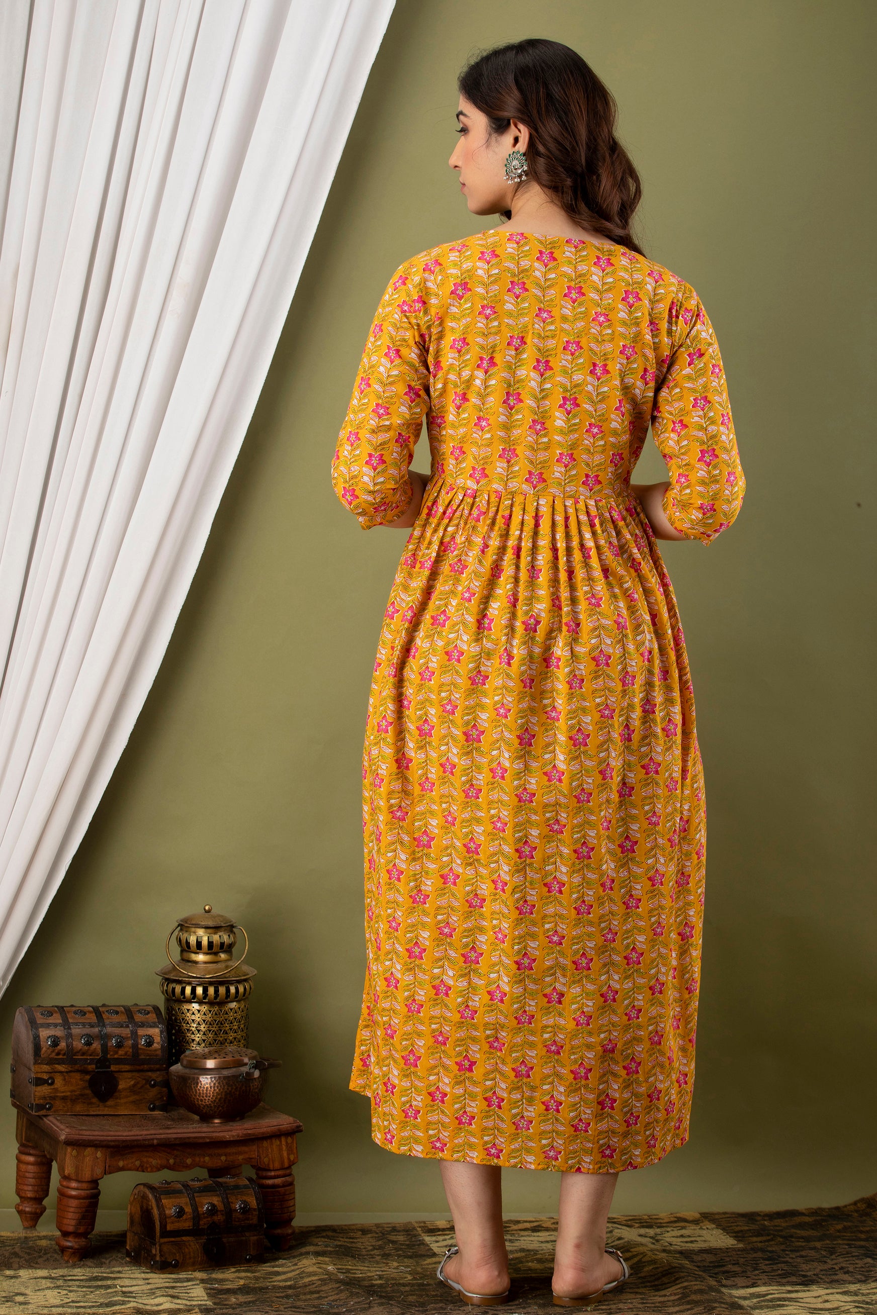 Majestic divas Cotton Mustard Yellow Floral Maternity Feeding Kurta Dress with Dual Side Zippers Secondary image