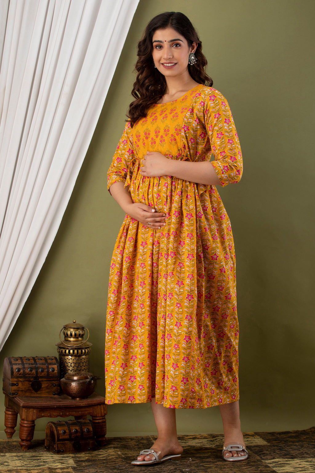 Majestic divas Cotton Mustard Yellow Floral Maternity Feeding Kurta Dress with Dual Side Zippers