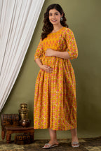 Majestic divas Cotton Mustard Yellow Floral Maternity Feeding Kurta Dress with Dual Side Zippers