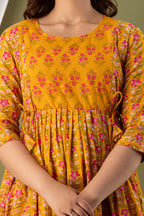 Majestic divas Cotton Mustard Yellow Floral Maternity Feeding Kurta Dress with Dual Side Zippers