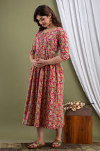 Majestic divas Cotton Rani Pink Floral & Paisley Printed Maternity Feeding Kurta Dress with Dual Side Zippers