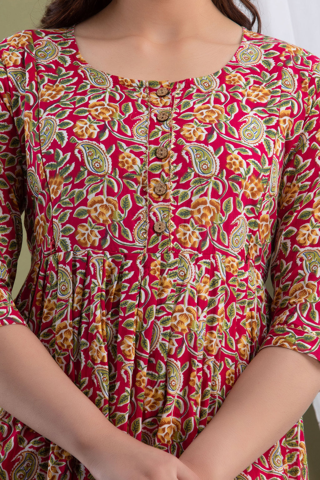 Majestic divas Cotton Rani Pink Floral & Paisley Printed Maternity Feeding Kurta Dress with Dual Side Zippers