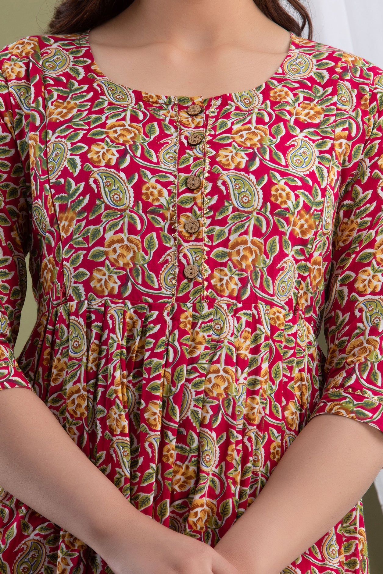 Majestic divas Cotton Rani Pink Floral & Paisley Printed Maternity Feeding Kurta Dress with Dual Side Zippers