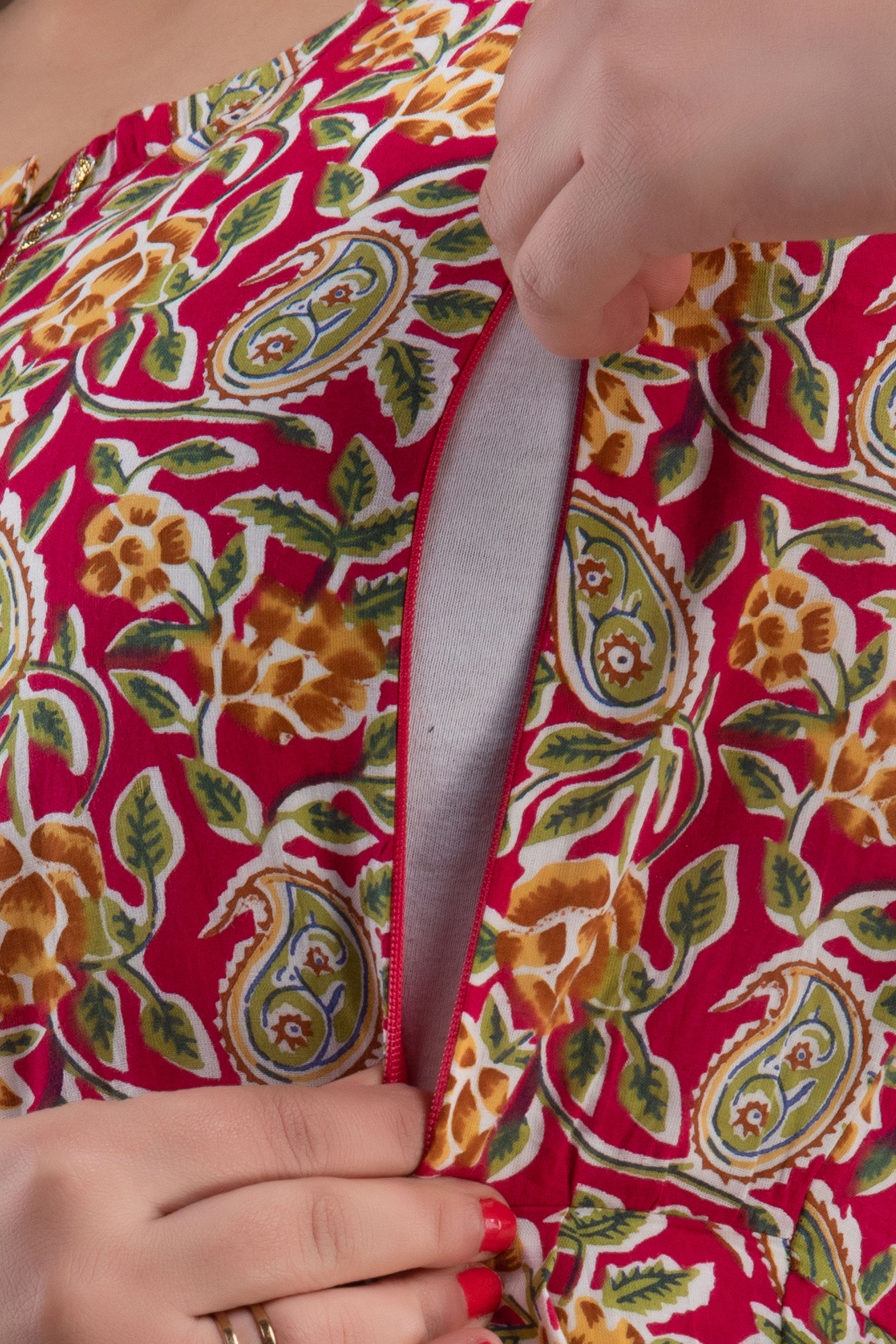 Majestic divas Cotton Rani Pink Floral & Paisley Printed Maternity Feeding Kurta Dress with Dual Side Zippers