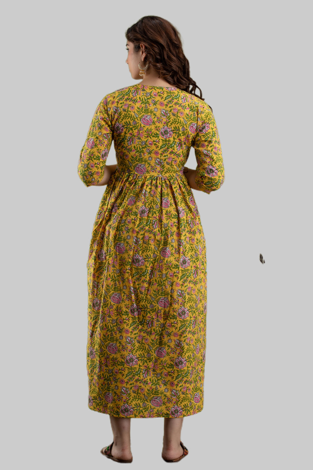 Majestic divas Cotton Mustard Yellow Floral Maternity Feeding Kurta Dress with Dual Zippers