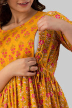 Majestic divas Cotton Mustard Yellow Floral Maternity Feeding Kurta Dress with Dual Zippers