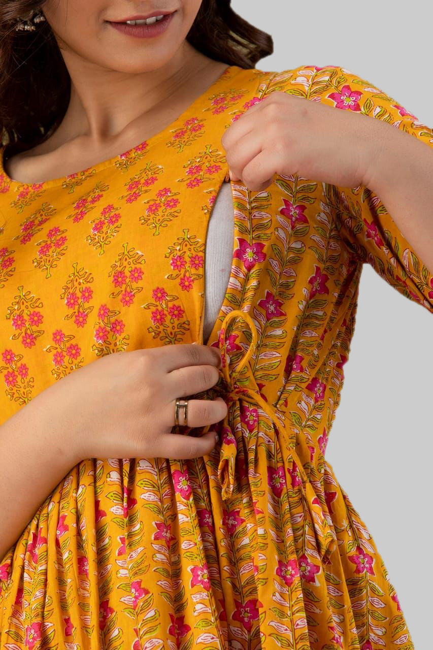 Majestic divas Cotton Mustard Yellow Floral Maternity Feeding Kurta Dress with Dual Zippers