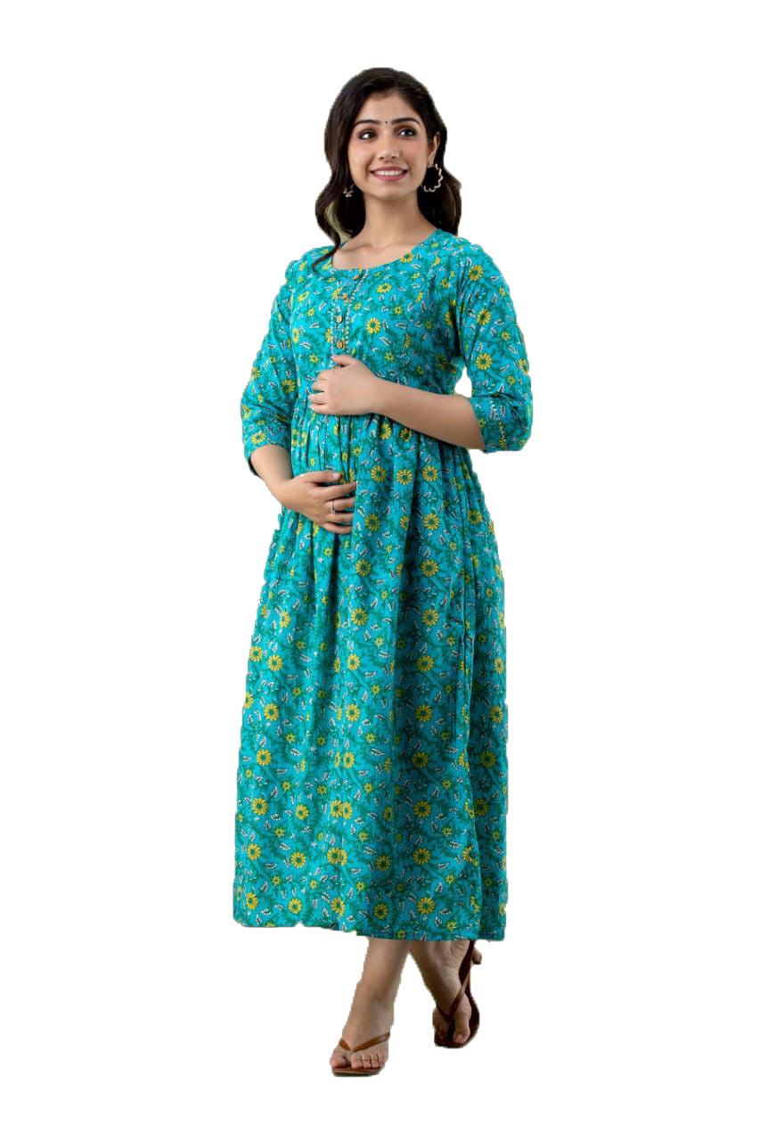 Majestic divas Cotton Blue Floral Maternity Feeding Kurta Dress with Dual Side Zippers Secondary image