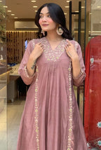 Dusty Mauve Premium Mul Chanderi Anarkali Dupatta Set with Full Embroidery Work