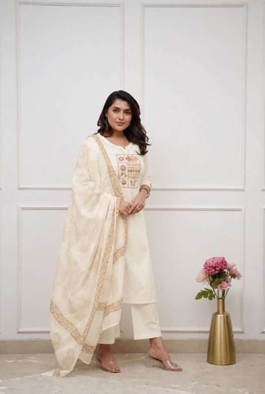 Ivory Cotton Kurta Pant Dupatta Set with Front Embroidery & Handwork