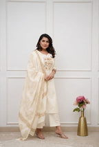 Ivory Cotton Kurta Pant Dupatta Set with Front Embroidery & Handwork