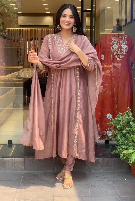 Dusty Mauve Premium Mul Chanderi Anarkali Dupatta Set with Full Embroidery Work Secondary image