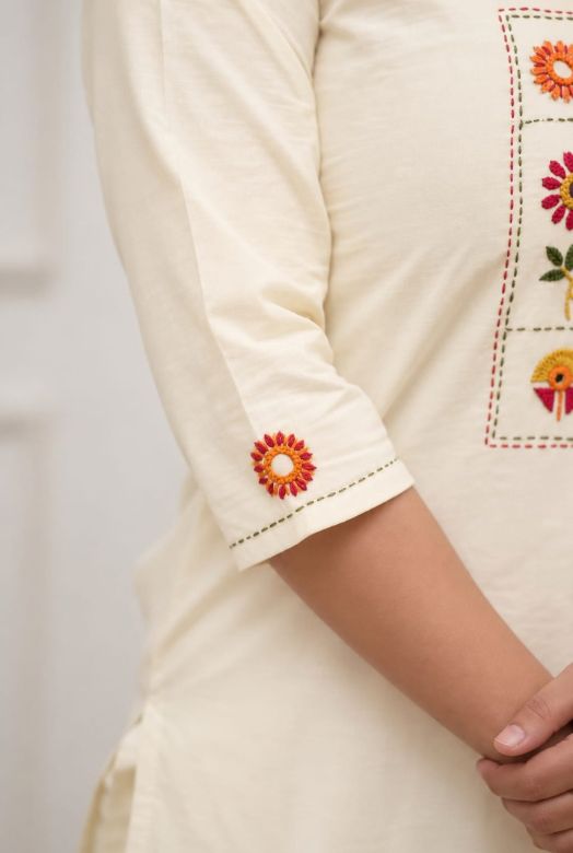Ivory Cotton Kurta Pant Dupatta Set with Front Embroidery & Handwork