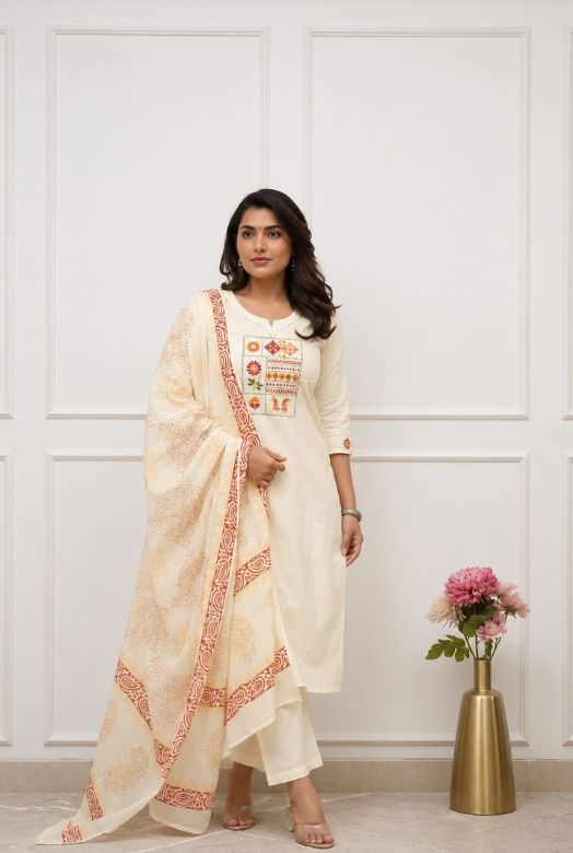Ivory Cotton Kurta Pant Dupatta Set with Front Embroidery & Handwork