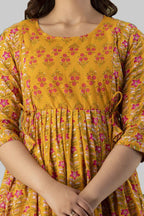 Majestic divas Cotton Mustard Yellow Floral Maternity Feeding Kurta Dress with Dual Zippers