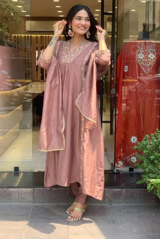 Dusty Mauve Premium Mul Chanderi Anarkali Dupatta Set with Full Embroidery Work