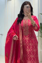 Wine Magenta Banarasi Silk Dupatta Set with Zari Work, Kurti & Pant