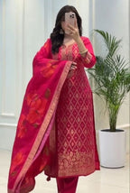 Wine Magenta Banarasi Silk Dupatta Set with Zari Work, Kurti & Pant