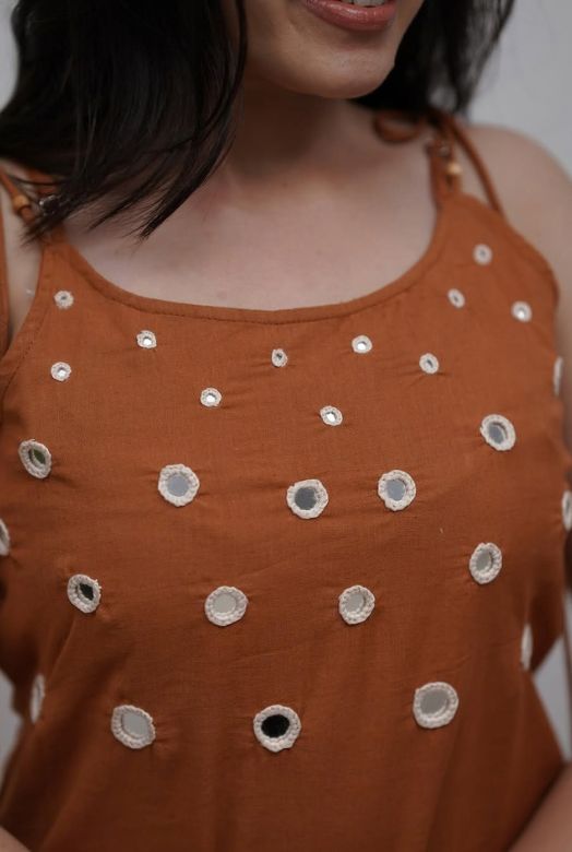 Rust Brown Cotton Spaghetti Strap Co-ord Set with Mirror Work Secondary image
