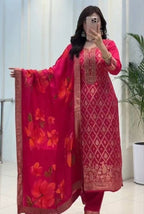 Wine Magenta Banarasi Silk Dupatta Set with Zari Work, Kurti & Pant