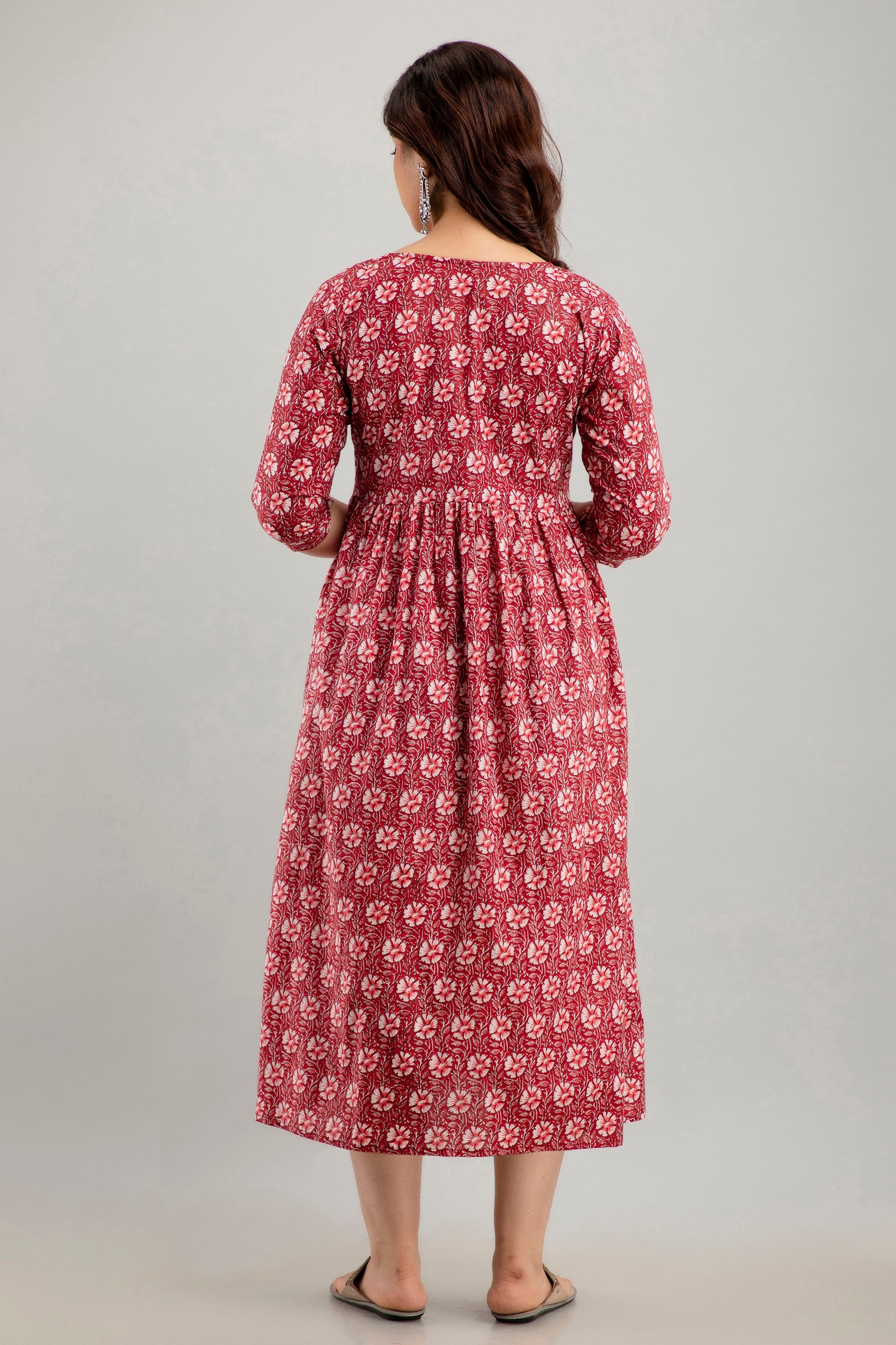 Majestic divas Cotton Maroon Floral Maternity Feeding Kurta Dress with Dual Zippers
